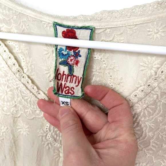 Johnny Was Boho Cream Ivory Lace Embroidered Eyelet Tunic 3/4 Sleeve Dress XS - Picture 8 of 15